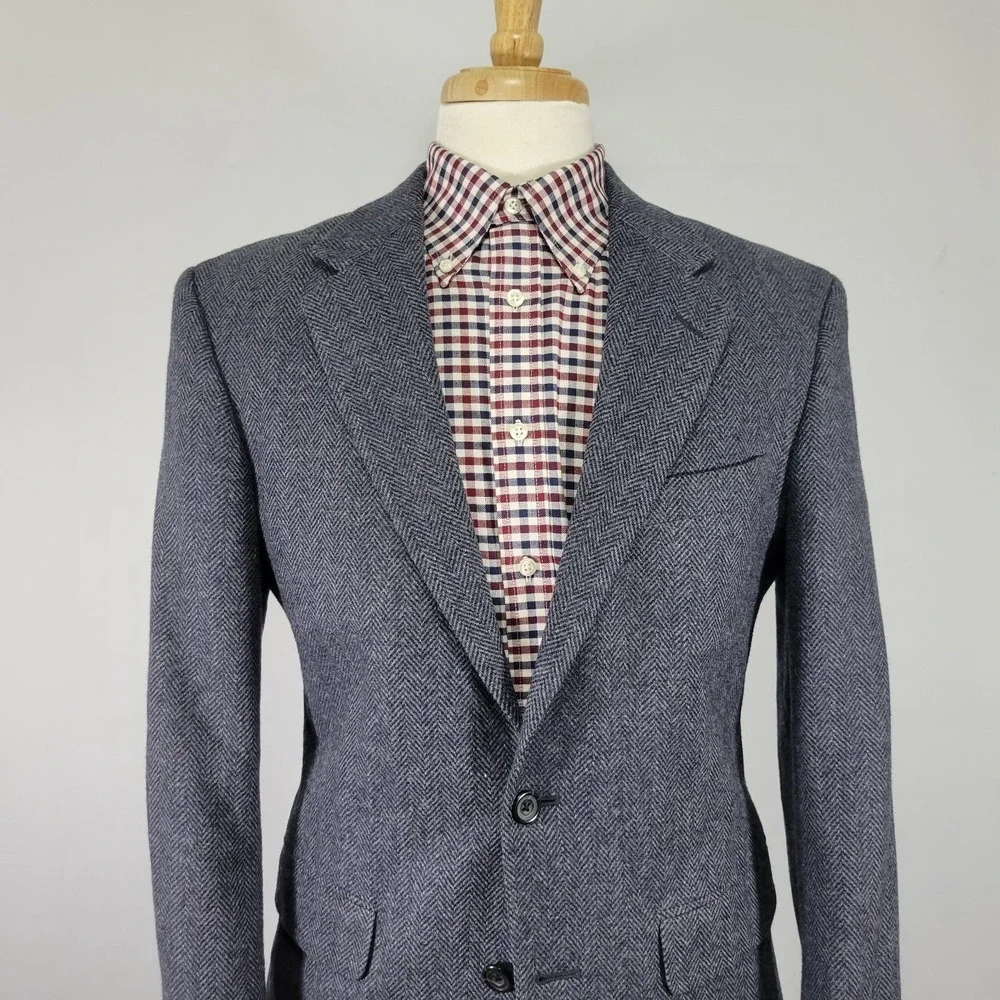 John‎ Alexander Men's Tweed Sport Coat Blazer Navy Herringbone Lambs Wool 38R